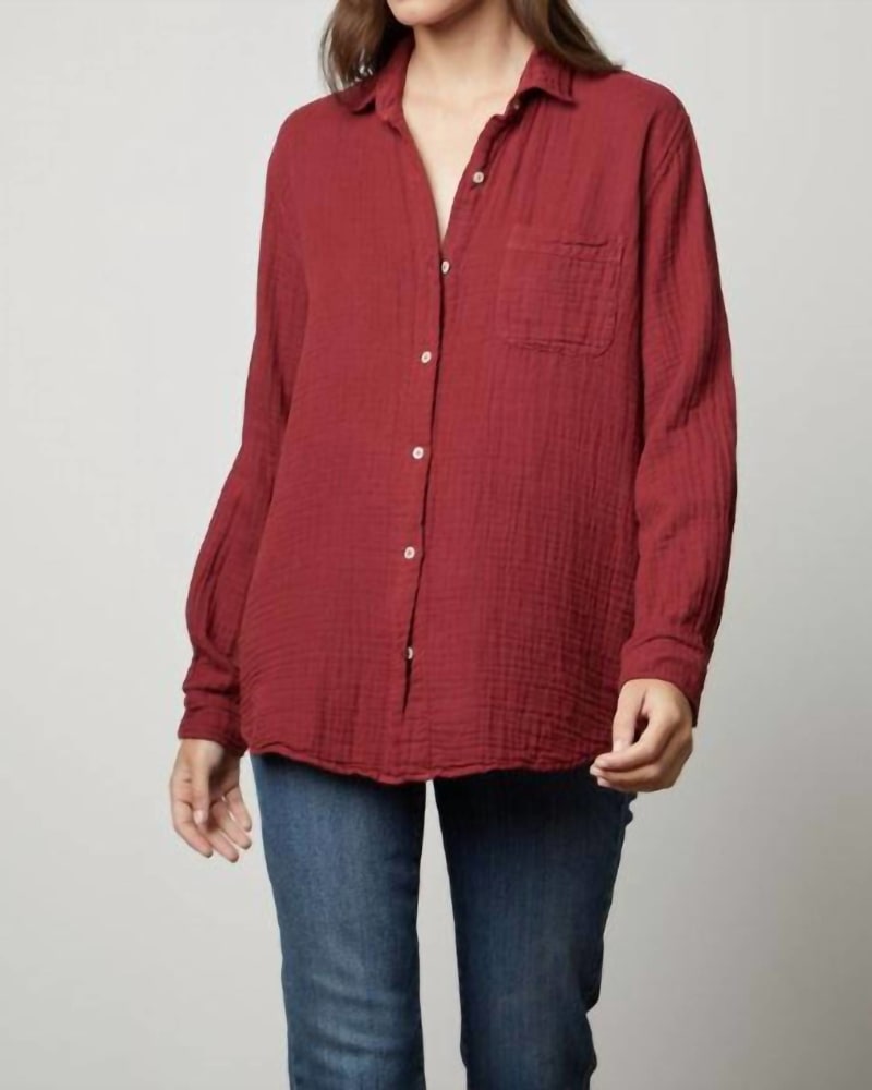 Front of a model wearing a size large Margo Top in Malbec in Malbec by Velvet by Graham & Spencer. | dia_product_style_image_id:334432